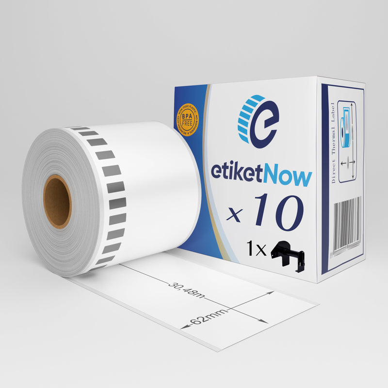 10 Rolls - Brother DK-22205  Compatible Labels, Continuous Label, 63 mm x 30.48 m, Removable, White, With Reusable Holder-Etiketnow