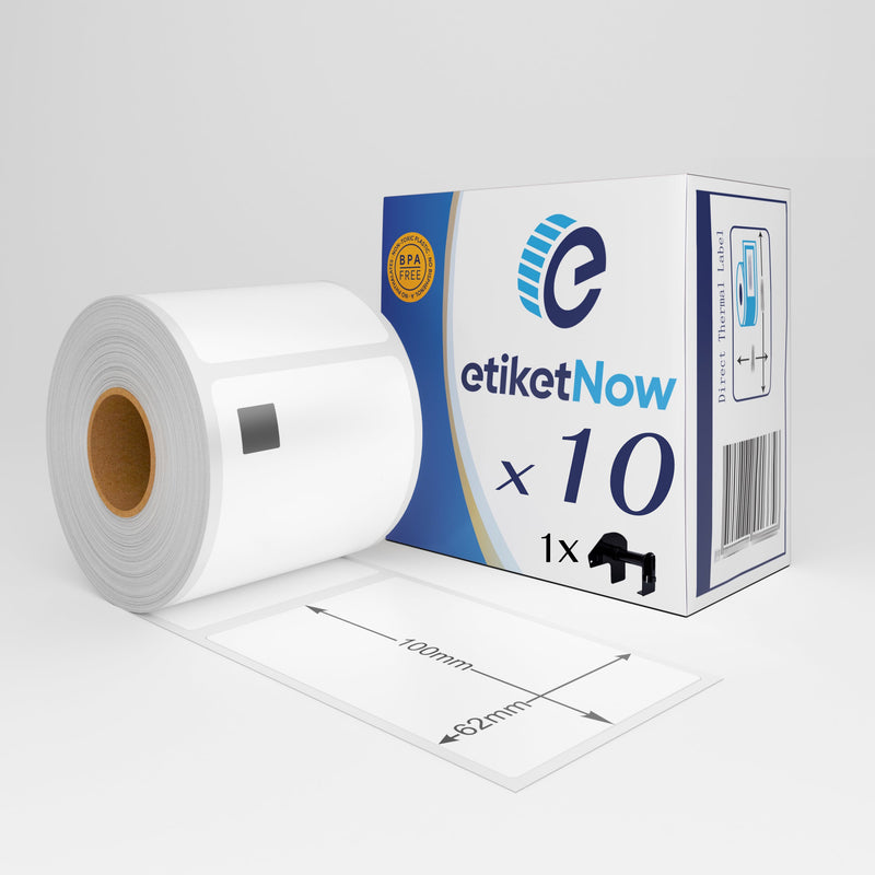 10 Rolls - Brother DK-11202 Compatible Labels, 300 Labels, 62 mm x 100 mm, Permanent, White, With Reusable Holder-Etiketnow