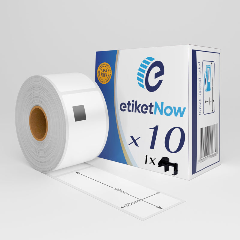 10 Rolls - Brother DK-11208 Compatible Labels, 400 Labels, 38 mm x 90 mm, Permanent, White, With Reusable Holder-Etiketnow