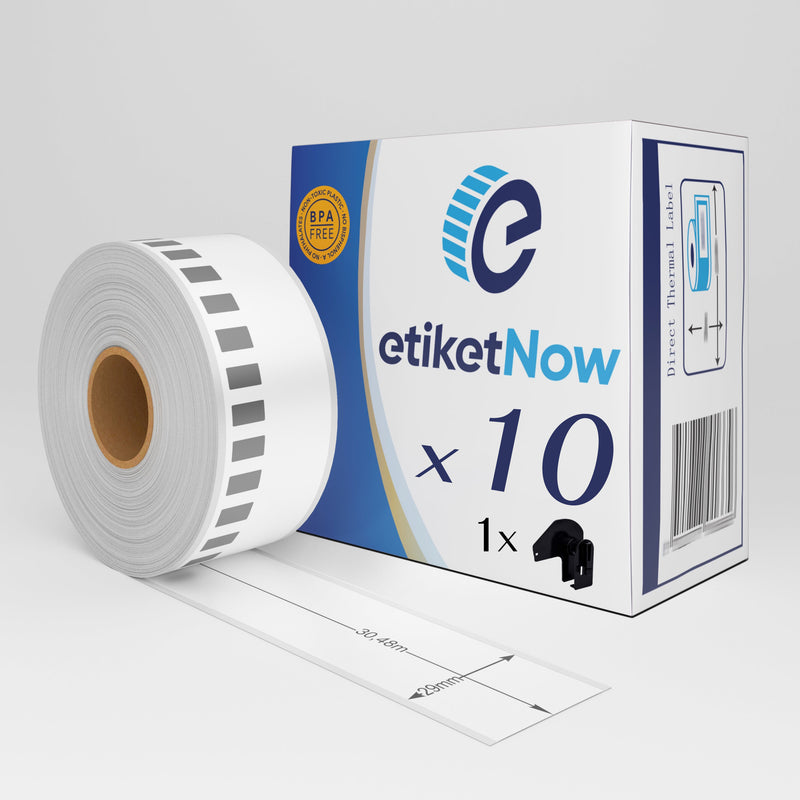 10 Rolls - Brother DK-22210 Compatible Labels, Continuous Label, 29 mm x 30.48 m, Permanent, White, With Reusable Holder-Etiketnow