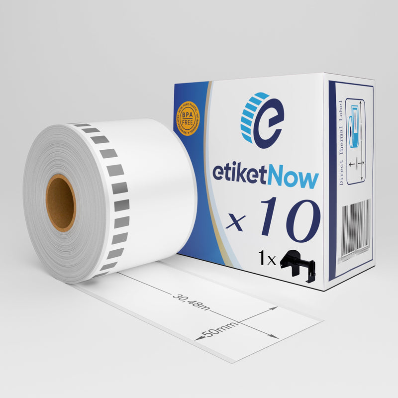 10 Rolls - Brother DK-22223 Compatible Labels, Continuous Label, 50 mm x 30.48 m, Permanent, White, With Reusable Holder-Etiketnow