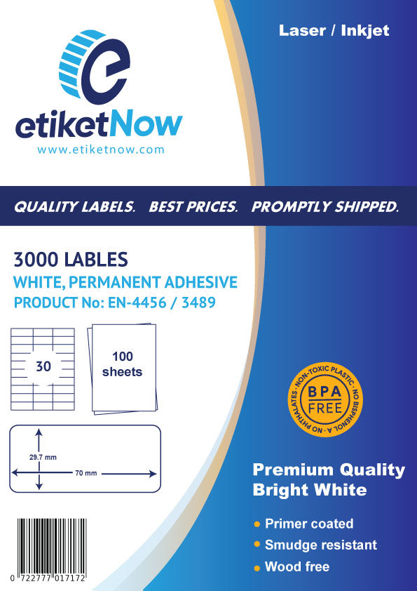 A4 Sheet Labels, 70 mm x 29.7 mm, 30 Labels Per Sheet, 100 Sheets, permanent - White-Etiket Now