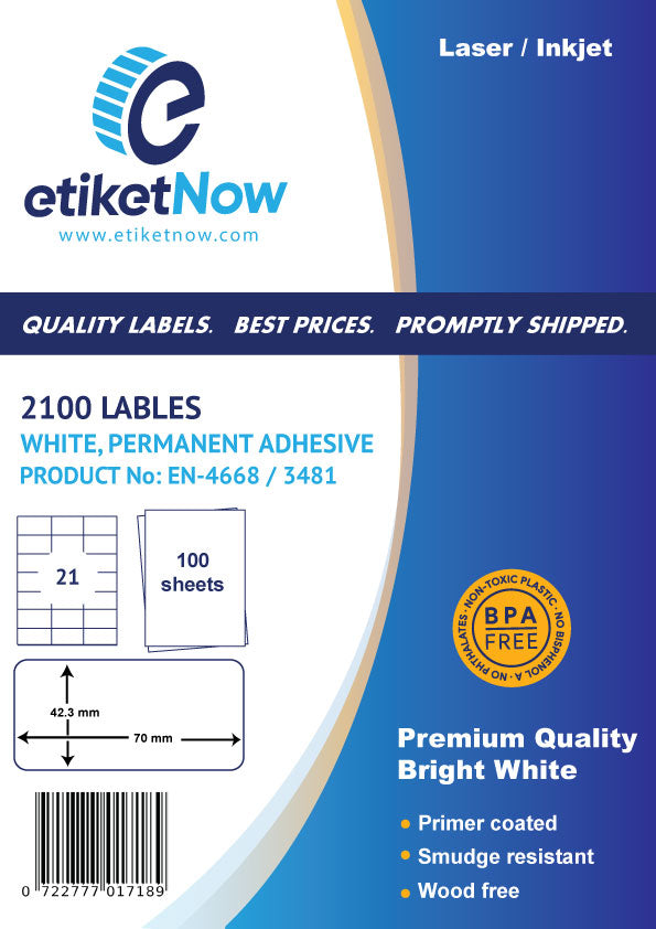 A4 Sheet Labels, 70 mm x 42.3 mm, 21 Labels Per Sheet, 100 Sheets, permanent - White-Etiket Now