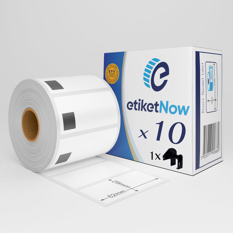 10 Rolls - Brother DK-11209 Compatible Labels, 800 Labels, 62 mm x 29 mm, Permanent, White, With Reusable Holder-Etiketnow