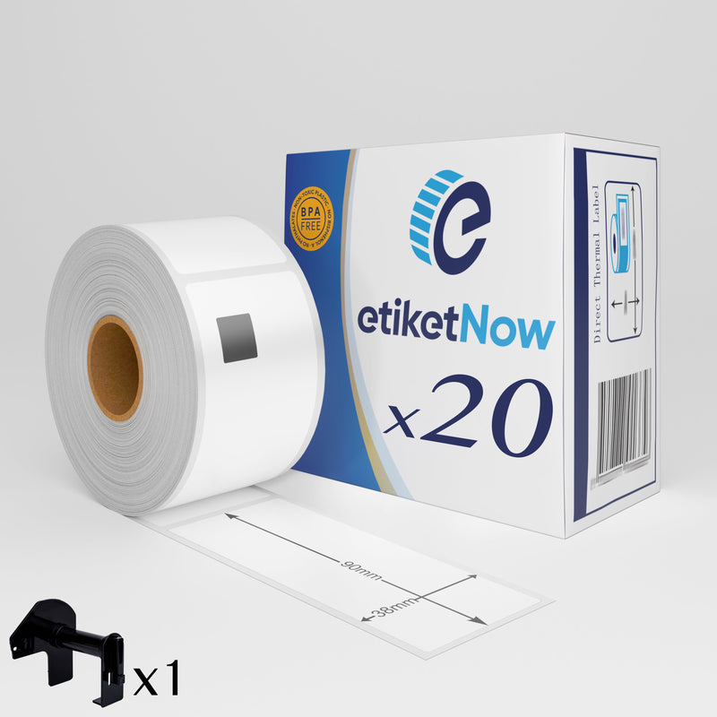 20 Rolls of Brother DK-11208 Compatible Labels, 400 Labels, 38 mm x 90 mm, Permanent, White, With Reusable Holder-Etiketnow