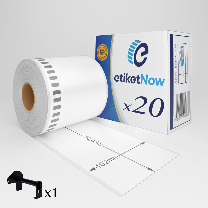 20 Rolls of Brother DK-22243 Compatible Labels, Continuous Label, 102 mm x 30.48 m, Permanent, White, With Holder-Etiketnow