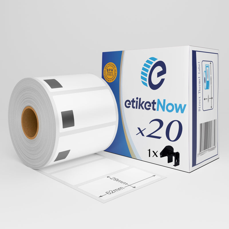 20 Rolls of Brother DK-11209 Compatible Labels, 800 Labels, 62 mm x 29 mm, Permanent, White, With Holder-Etiketnow