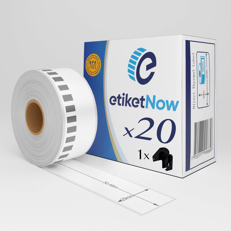 20 Rolls of Brother DK-22210 Compatible Labels, Continuous Label, 29 mm x 30.48 m, Permanent, White, With Holder-Etiketnow