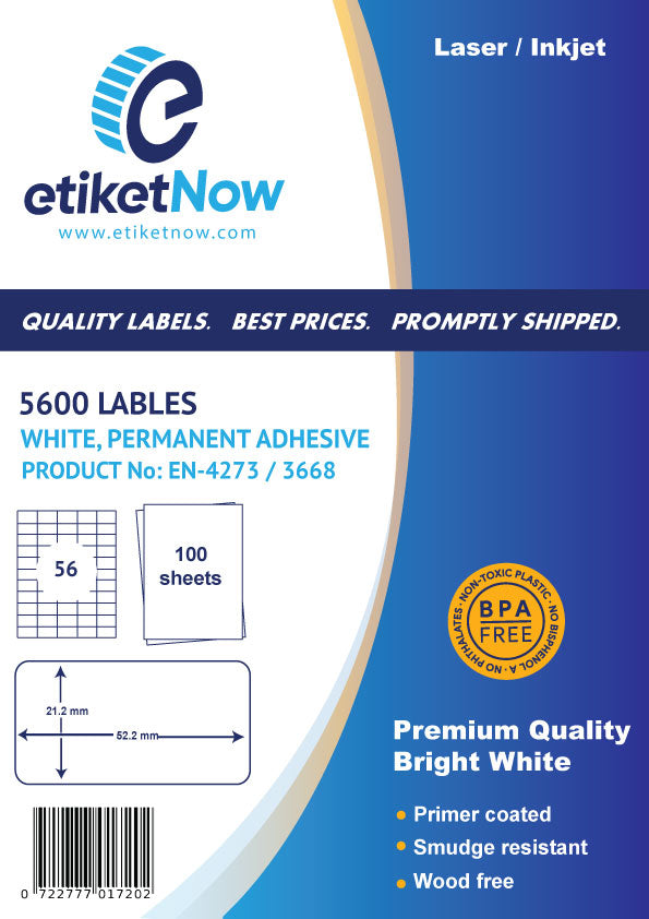 A4 Sheet Labels, 52.5 mm x 21.2 mm, 56 Labels Per Sheet, 100 Sheets, permanent - White-Etiket Now
