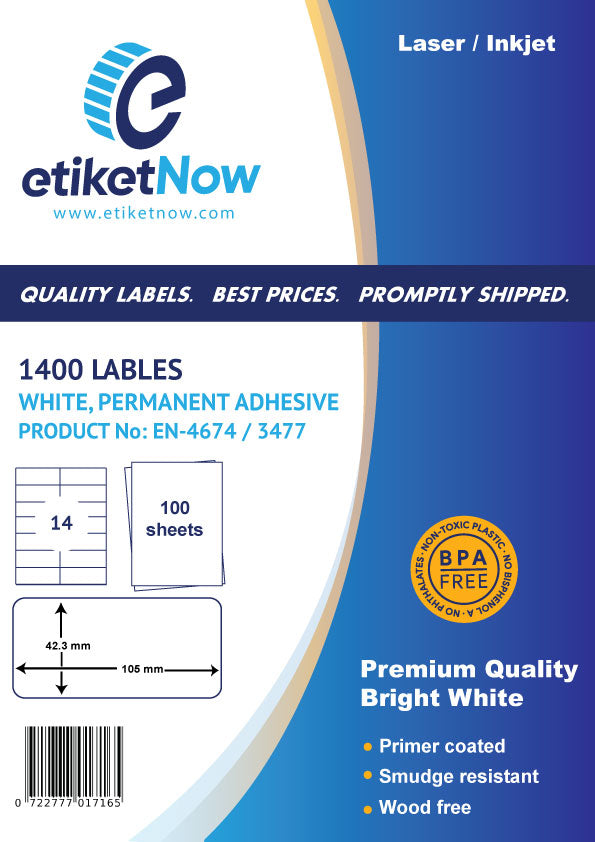 A4 Sheet Labels, 105 mm x 42.3 mm, 14 Labels Per Sheet, 100 Sheets, permanent - White-Etiket Now